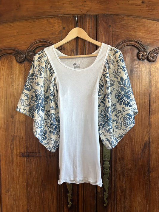 Dee Tee - White with Blue/Cream Floral Sleeve